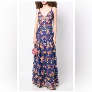 Marchesa Notte V-Neck Embroidered Floral Maxi Dress